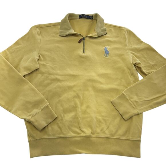 Polo Ralph Lauren Sweatshirt Mens Small Yellow Quarter Zip Big Pony Logo Cotton - Picture 1 of 9